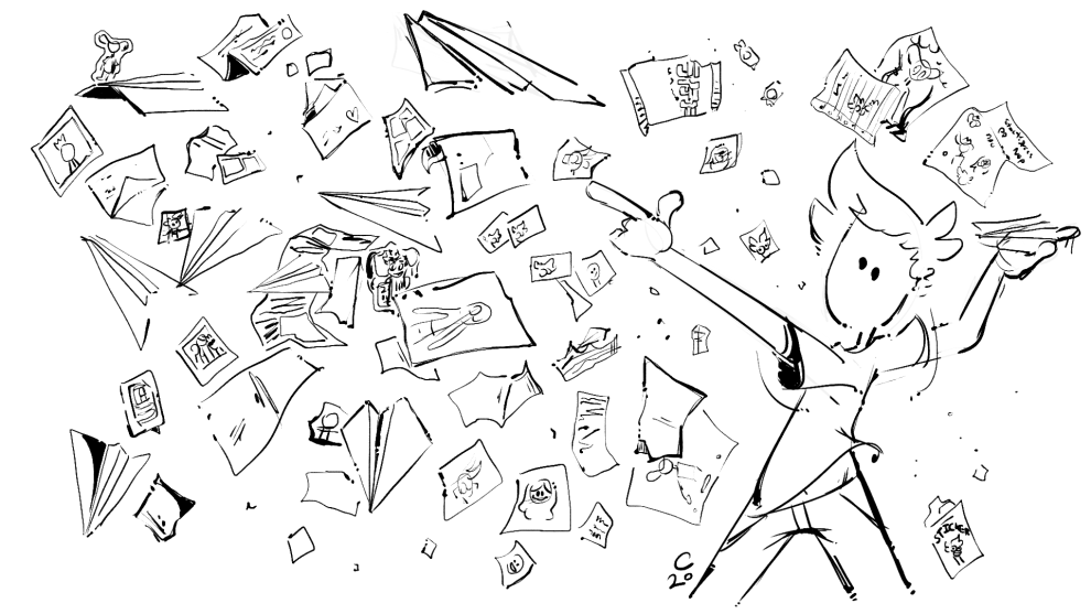Drawing of my character throwing some papers.